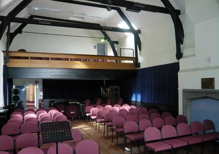 The interior of the school constructed by John Cosin in the seventeenth century, and now the performance hall of Durham University's music department.
